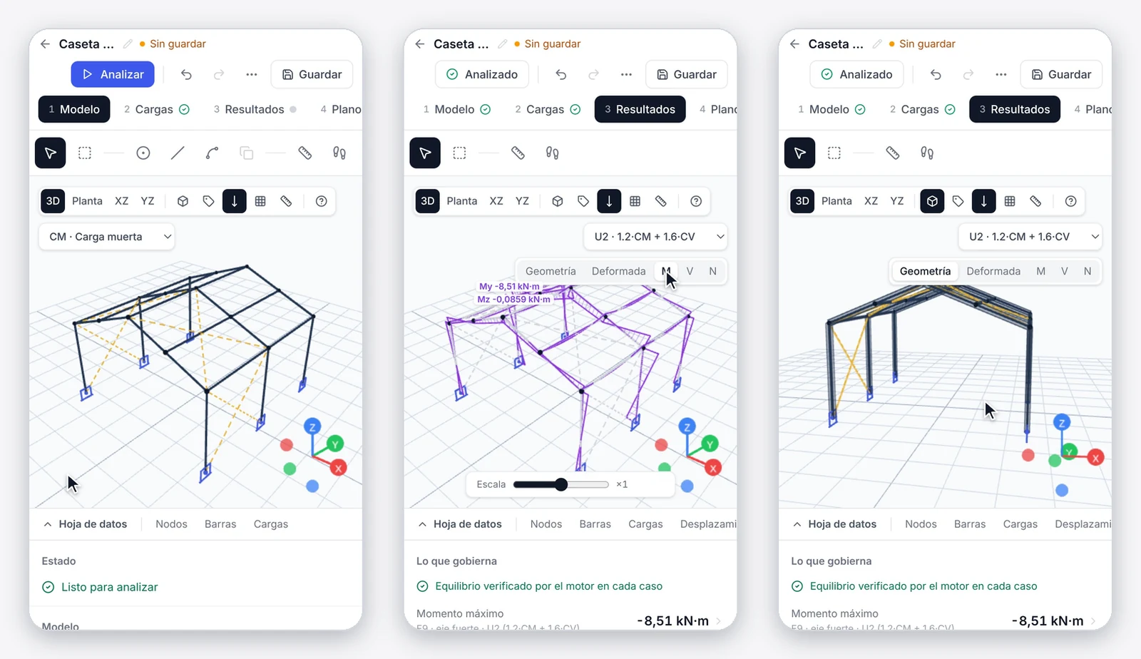 Tres pantallas de CIRCUS en un celular: la caseta con sus correas y riostras en la etapa Modelo, los diagramas de momento de la combinación 1,2 CM + 1,6 CV y la estructura con los perfiles reales extruidos