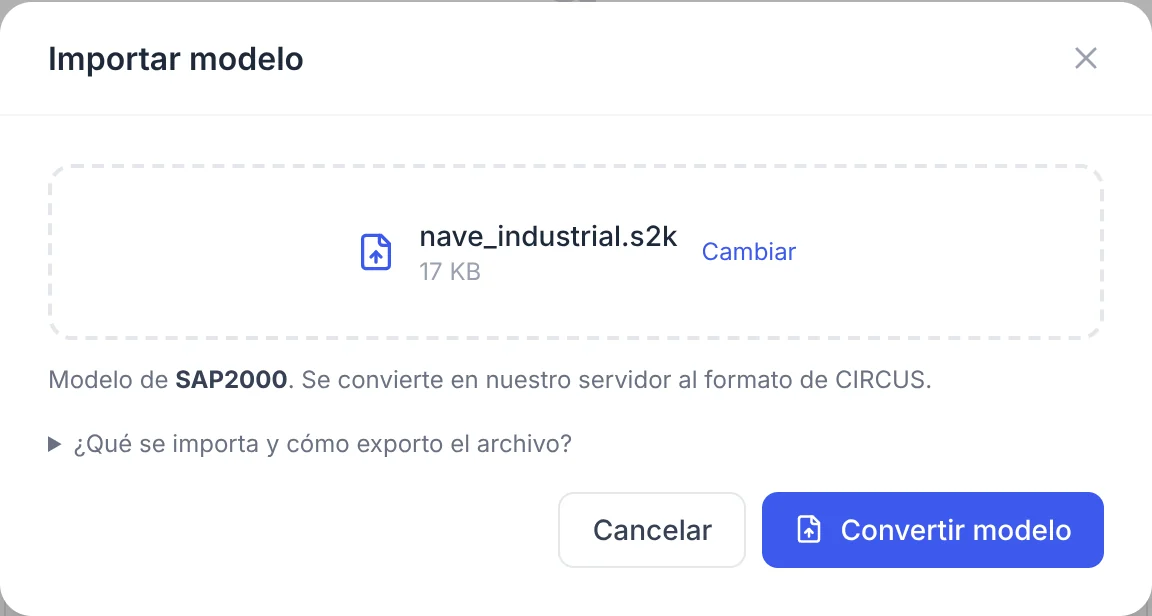 Diálogo Importar modelo con el archivo nave_industrial.s2k elegido y el botón Convertir modelo