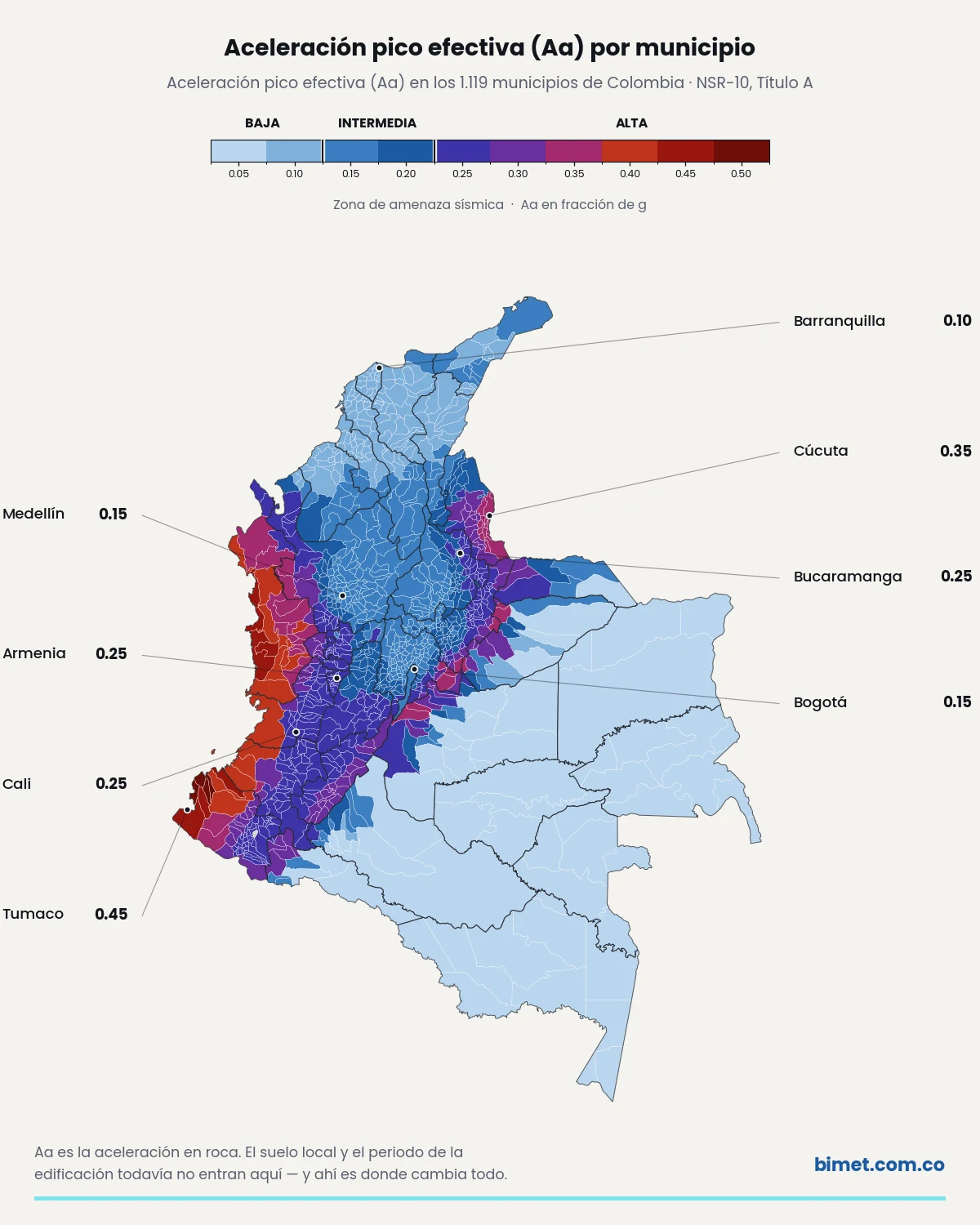 Mapa de aceleración pico efectiva Aa por municipio de Colombia según la NSR-10